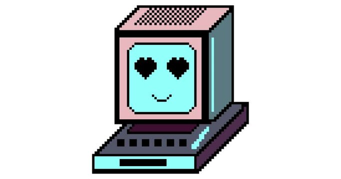 2D animation of a pixelated computer.  Hearts appear on the computer screen, the mouth opens and the inscription I love you is written