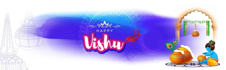 Vector illustration of Happy Vishu concept banner. kerala New Year, Indian hindu festival poster with vishu flowers and pots.