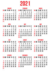 vector calendar grid for 2021 year for business cards