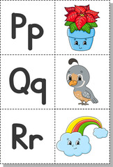 English alphabet with cartoon characters. Flash cards. Vector set. Bright color style. Learn ABC. Lowercase and uppercase letters.
