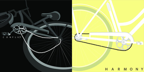 bicycle and bike.
metaphors. 
conflict/harmony
