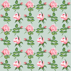 pink roses watercolor hand drawn flowers on the green background seamless pattern