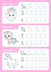Writing letters. Tracing page. Worksheet for kids. Practice sheet. Learn alphabet. Cute characters. Vector illustration. Cartoon style.