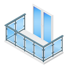 Isometric vector illustration balcony with metal and glass railing isolated on white background. Modern balcony vector icon in flat cartoon style. Metal plastic PVC laminated wood grain balcony doors.