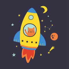 Cute cat flying in rocket. Hand drawn vector illustration. Children illustration. Adorable animals. Good for posters, textiles, t shirts.