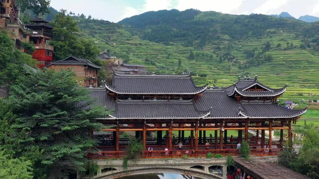 Aerial view of Qianhu Miao Village in Xijiang, Southeast Guizhou, China