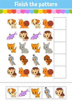 Finish the pattern. Cut and play. Education developing worksheet. Activity page. Cartoon character.