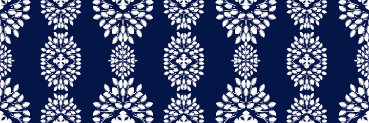 White ornament on blue seamless pattern. Vintage, paisley elements. Ornamental traditional, ethnic, turkish. Great for fabric and textile, wallpaper, packaging