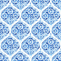 Ogee seamless pattern. White and blue watercolor illustration. Print for home textiles.