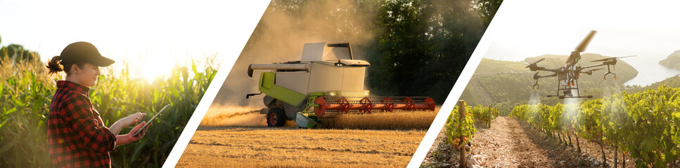 Smart farm banner. Farmer with digital tablet, autonomous harvester and drone sprayer.  © scharfsinn86