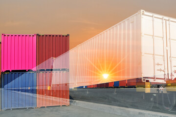 Double exposure business finance concept Trains and containers box with Stack of Containers Cargo Ship Import Export in Harbor Port and trains background