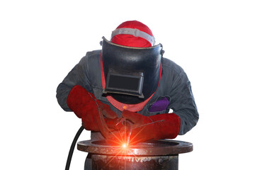 Welder is welding by Inert gas welding isolated on white background. - obrazy, fototapety, plakaty