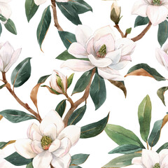 Beautiful seamless pattern with hand drawn watercolor white magnolia flowers. Stock illustration. - obrazy, fototapety, plakaty