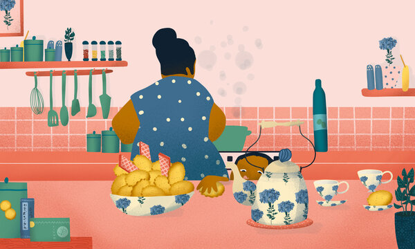 Woman cooking at the kitchen while child stealing a biscuit
