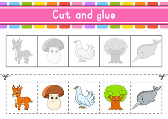 Fototapeta na wymiar Cut and play. Paper game with glue. Flash cards. Education worksheet. Activity page. Scissors practice. Isolated vector illustration. Cartoon style.