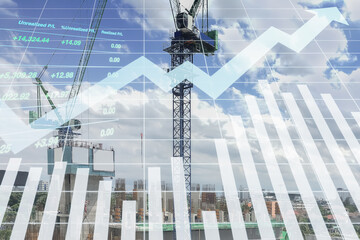 Stock financial index of successful investment on property real estate business insurance and construction industry with graph and chart on construction site background. - 402681748
