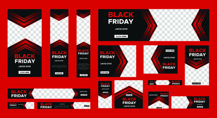 Set of Black friday web banner with place for photo. Sale Ads banner. vertical, horizontal and square template. Vector EPS 10