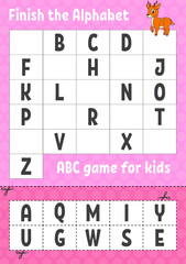 Finish the alphabet. ABC game for kids. Cut and glue. Education developing worksheet. Learning game for kids. Color activity page.