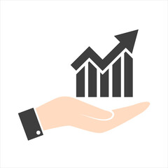 Single arrow growing pointing up on chart graph bars icon, success graph trending upwards flat design interface infographic element for app ui ux web button, vector isolated on white background