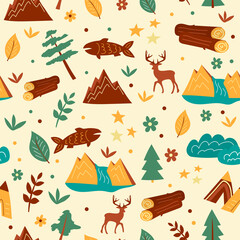 Graphic illustration seamless pattern with trees and mountains. Hand drawn vector texture for kids