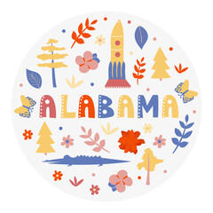 Fototapeta na wymiar USA collection. Vector illustration of Alabama theme. State Symbols - round shape