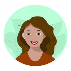 Avatar of a young girl on a white background. The happy woman smiles. Vector illustration in flat style