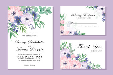 Watercolor wedding invitation with rose, peony , anemone, and various beautiful flower and leaf arrangement. Handdrawn vector watercolor style.