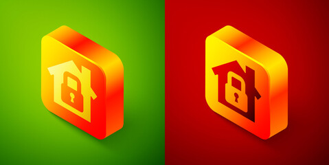 Isometric House under protection icon isolated on green and red background. Home and lock. Protection, safety, security, protect, defense concept. Square button. Vector Illustration.