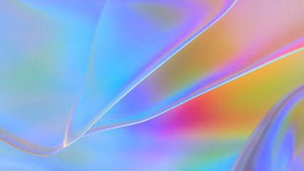 Polyethylene. Transparent Rainbow Plastic or Glass. Holographic Rainbow foil. Neon background. Abstract  3D rendering
