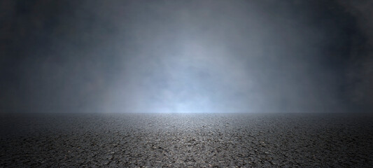 Empty dark street asphalt with smoke float up interior texture for display products wall background.