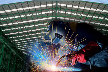 Welder industrial in factory welding process TIG with gas argon, light spark from working light grinding , equipment protective PPE for safety on structure pattern background.
