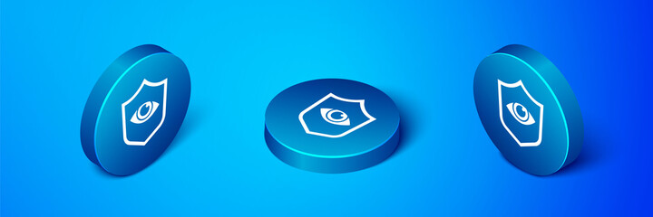 Isometric Shield and eye icon isolated on blue background. Security, safety, protection, privacy concept. Blue circle button. Vector.