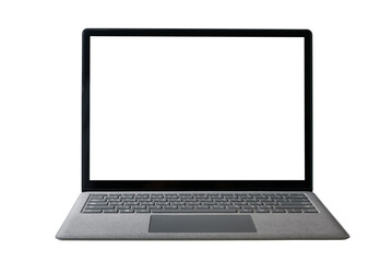 Close-up top view of laptop in platinum silver color on white background - Powered by Adobe