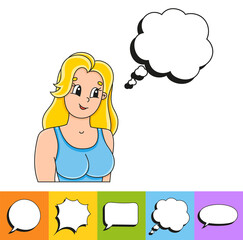 Set of speech bubbles of different shapes. With a cute cartoon character. Hand drawn. Thinking balloons. Vector illustration isolated on white background. Comic doodle style.