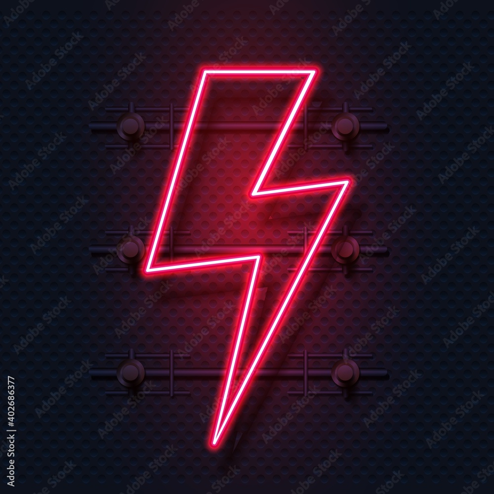 Poster neon bolt. realistic signboard of electric flash. zigzag shaped red lamp. lightning symbol. illumina