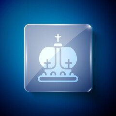 White British crown icon isolated on blue background. Square glass panels. Vector.