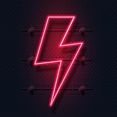 Neon bolt. Realistic signboard of electric flash. Zigzag shaped red lamp. Lightning symbol. Illuminated billboard on dark textured wall. Isolated decorative interior element. Vector signage mockup