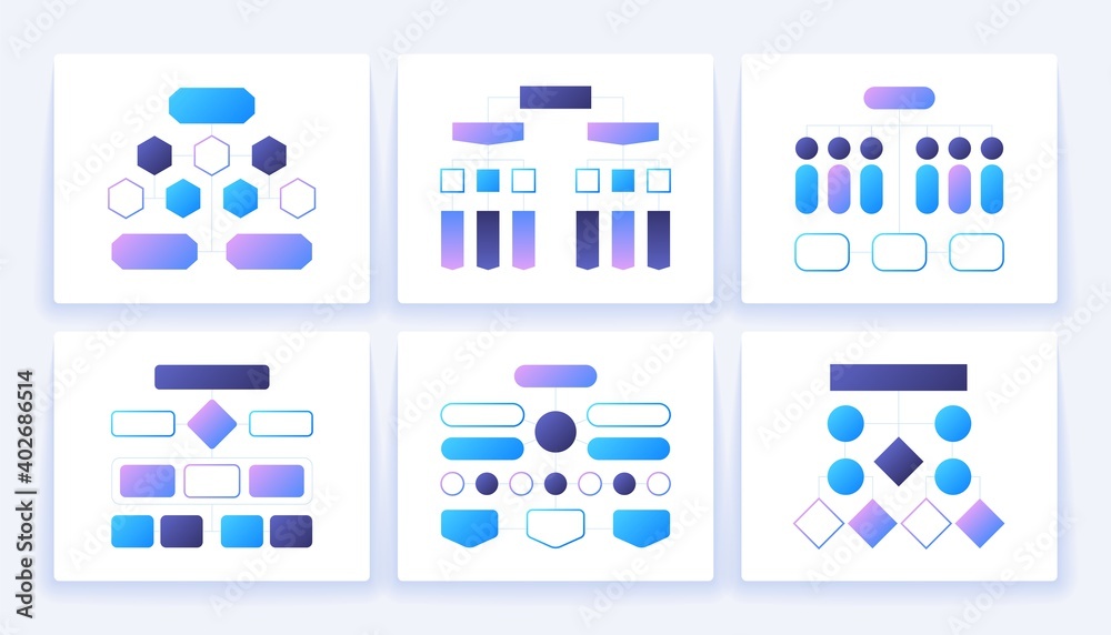Poster Flow chart schemes. Hierarchy block elements for business presentation and workflow infographic. Isolated modern editable frames with copy space. Process organization structure, vector templates set