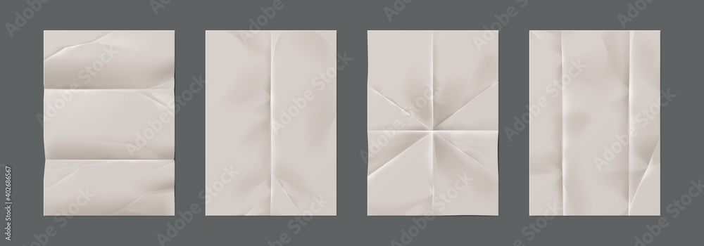 Poster Wrinkled paper. Realistic blank pages with crumpled effect. Isolated unfilled straightened notepad sheets with copy space for writing. Empty documents with horizontal and vertical trifold, vector set