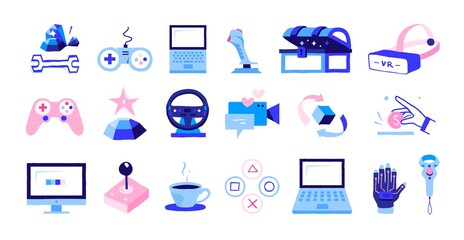 Gaming icons. Cartoon electronic devices. Isolated outline computers and gamepad, modern joystick controller or VR glasses. Minimalist signs of gamers accessories and equipment, vector flat set © SpicyTruffel