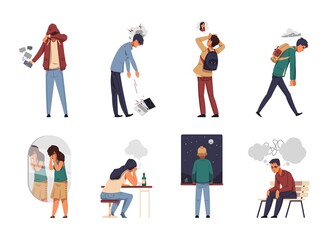 Depressed teenagers. Cartoon young people with psychological problems. Isolated upset and unhappy characters. Stress from failures or troubles at work and in relationships. Anxiety teens, vector set