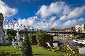 View of Marlow Suspension Bridge and the River Thames, England