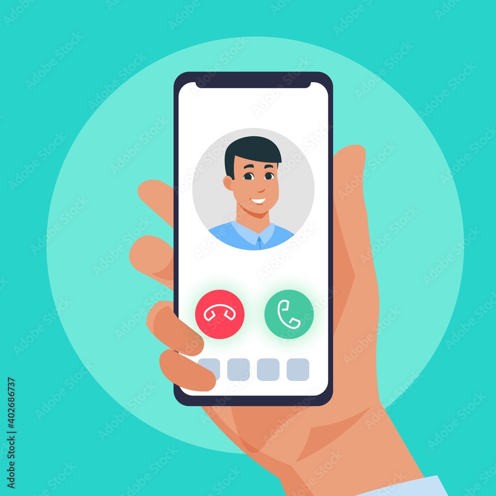 Aufkleber incoming call. cartoon smartphone touchscreen. human hand holding ringing phone. mobile application 