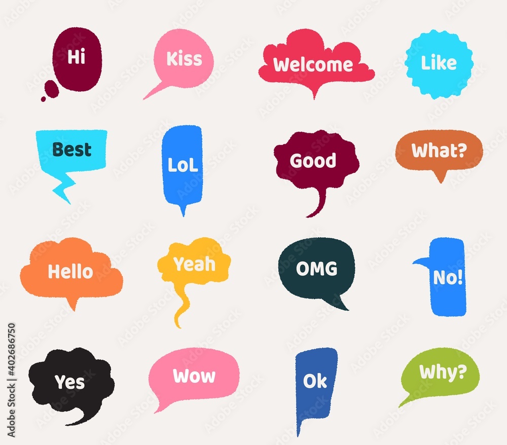 Poster speech bubbles. cartoon clouds with interrogative and greeting short phrases. cute frames with words