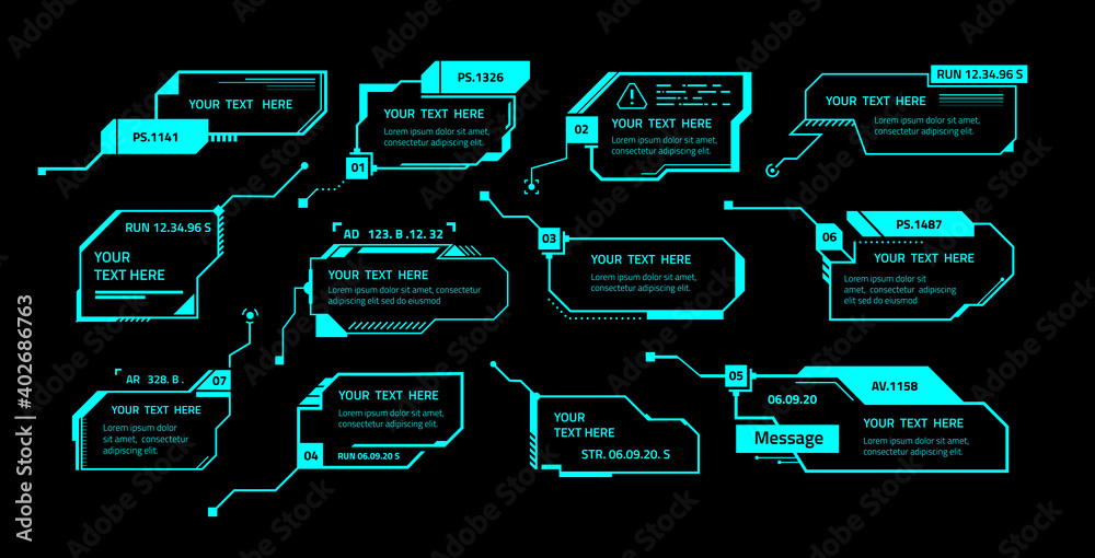 Aufkleber Hud callout. Call box message layout with text template, futuristic technology ui elements, game call out banners, square frames with copy space, visualization menu panels vector vr dashboards set