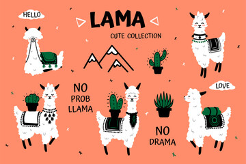 Cartoon lama. Cute white alpaca and cactus clipart for kids birthday greeting cards and festive accessories. Hand drawn collection in trendy scandinavian style vector funny Peru or Tibet animal set © SpicyTruffel