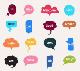 Speech bubbles. Cartoon clouds with interrogative and greeting short phrases. Cute frames with words of agreement and disagreement. Colorful stickers with lettering. Vector verbal emotions expression