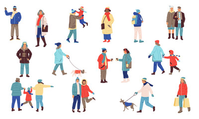 Fototapeta na wymiar Winter people. Cartoon men and women wear casual warm clothes. Isolated young or senior persons walking with dogs and children. Outdoor friends meeting. Cold season activities, vector modern flat set