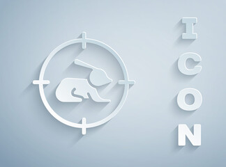 Paper cut Hunt on rabbit with crosshairs icon isolated on grey background. Hunting club logo with rabbit and target. Rifle lens aiming a hare. Paper art style. Vector.