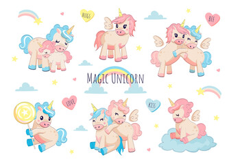 Cute unicorn. Adorable character for kids birthday card, cartoon funny baby unicorns with rainbows clouds and stars in different poses. Vector happy fairy tale Pegasus horses in pastel colors set